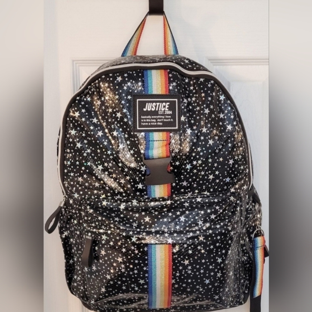 Justice Colorful Backpack School Bag Black Silver Star Rainbow 17"